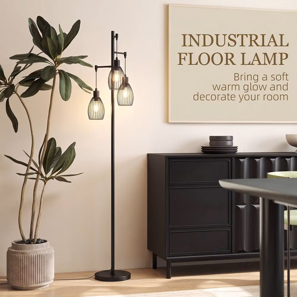 HOMCOM Industrial 3-Light Floor Lamp with Metal Lampshades in Black – 4