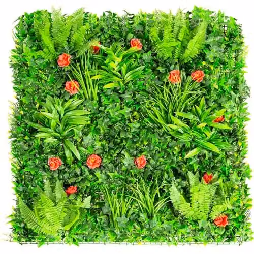 Primrose Pack of 4 Artificial Red Rose and Green Wall Hedge Panels, W: 100 cm x H: 100 cm – 1