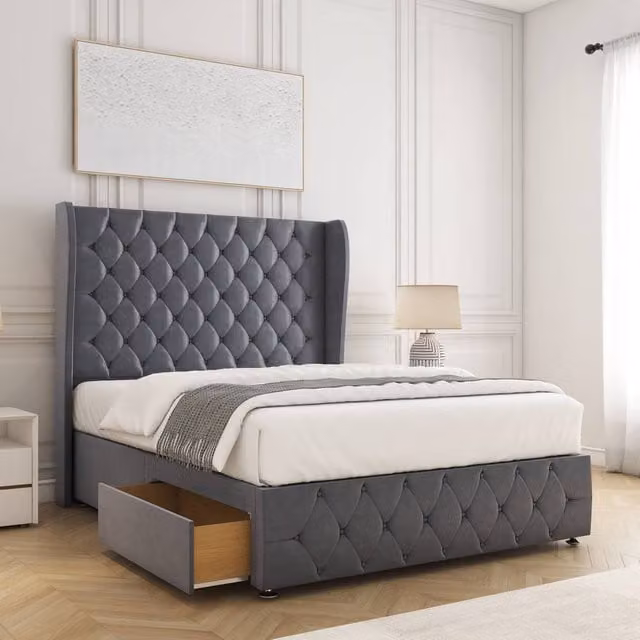 BSSPOKE Faye Velvet Super King Divan Bed with 54 inch Headboard and 2 Drawers in Charcoal Grey