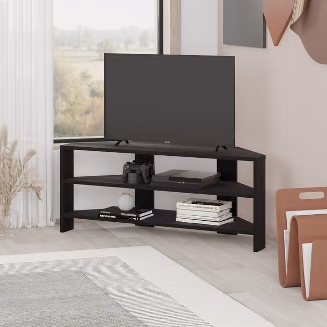 Decortie Thales Modern Corner TV Stand in Black Matt Wood, Width: 110 cm