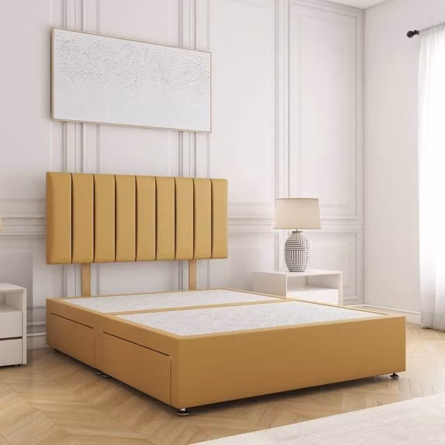 BSSPOKE Aria Plush Velvet Divan Bed with 24 inch Headboard and 2 Drawers in Yellow, Size: Double (W/D/H: 140 x 200 cm)