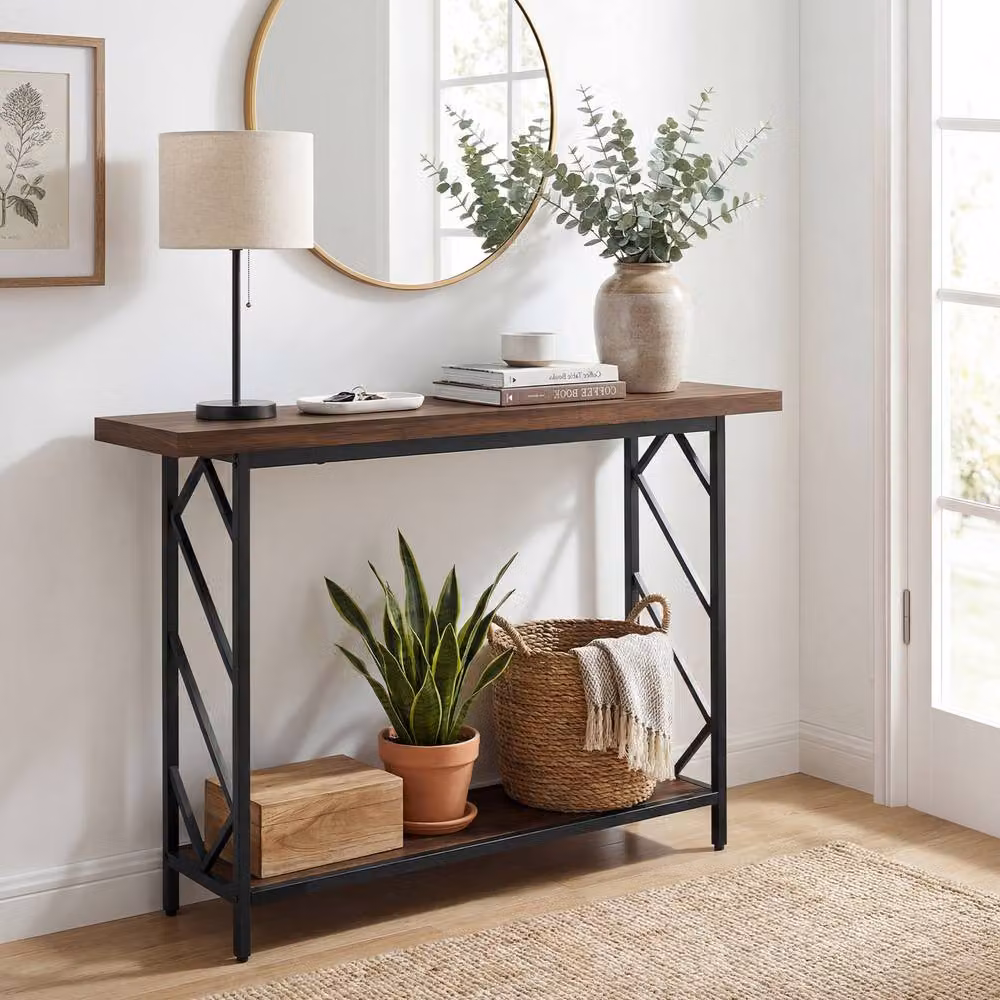 Costway Brown 2-Tier Narrow Industrial Console Table with Storage Shelf, W: 120 cm, H: 84.5 cm – 3
