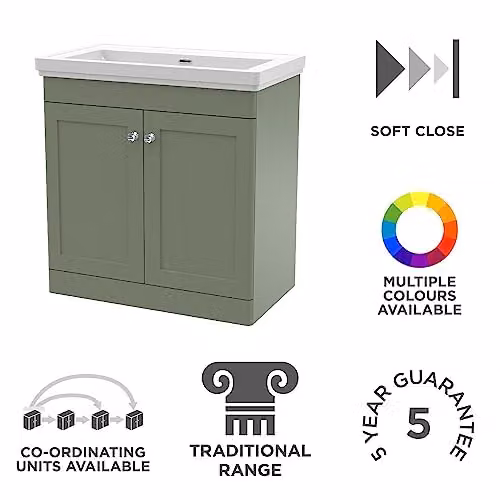 nuie Classique Traditional 2 Door Floor Standing Bathroom Vanity Unit and 0 Tap Hole Fireclay Basin, Satin Green – 2