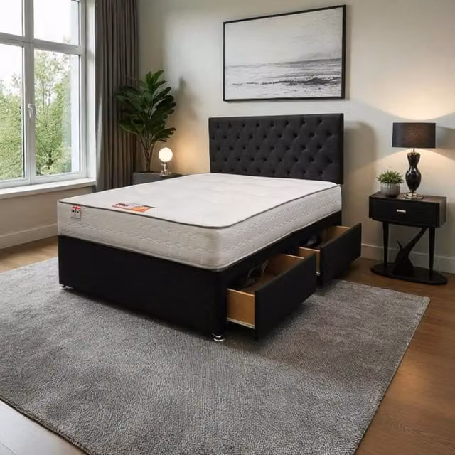 Knight Sleep Athens Plush Bed Set with Mattress and 24 inch Headboard, Black, Superking, W: 200 cm x D: 200 cm