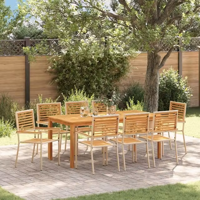 Berkfield Home 9 Piece Beige Poly Rattan and Acacia Wood Garden Dining Set – 1