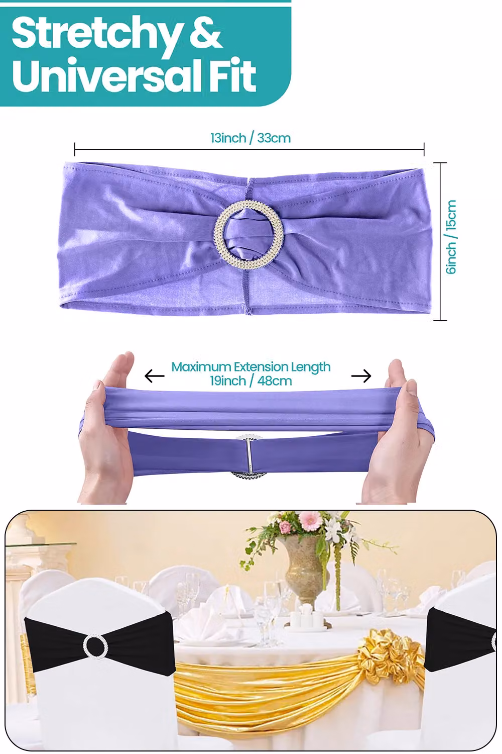 Neel Blue Glamour Spandex Chair Bands with Slider Buckle, 10-Piece Set of Stretchy Elastic Chair Sashes in Lavender, W/D/H: 33.0 x 15.0 x 15.0 cm – 2