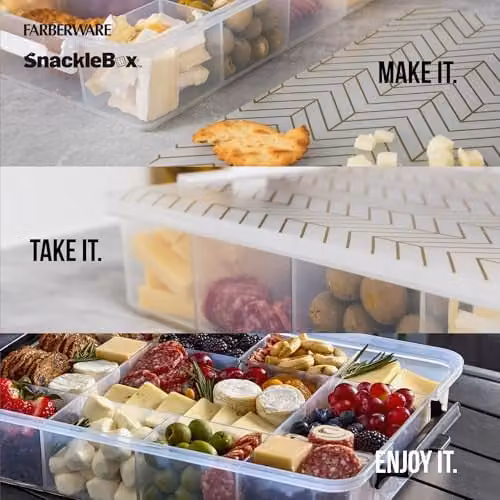 Farberware Build-a-Board Snacklebox Portable Snack Organiser with 11 Compartments and Chopping Board Lid, Transparent, W: 42 cm, D: 28 cm, H: 10 cm – 3