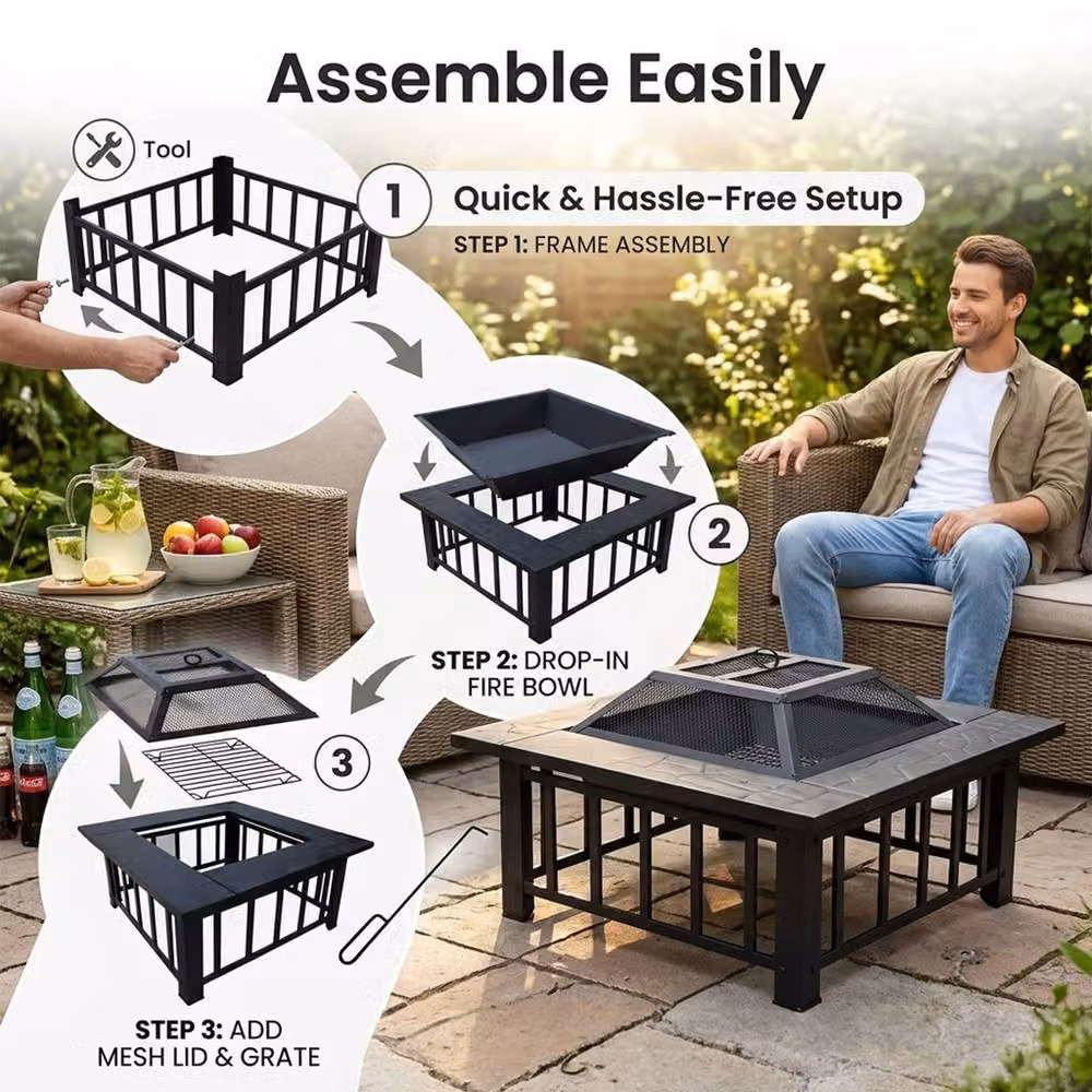 Alivio 3 in 1 Large Metal Fire Pit with BBQ Grill and Shelf, Black Outdoor Fire Table and Ice Pit – 4