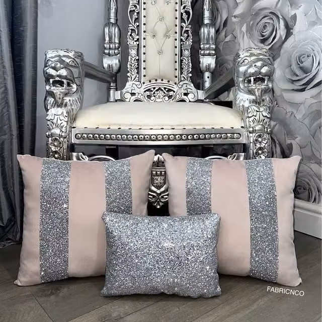 Fabricnco Soft Pink and Silver Plush Velvet Glitter Cushion Cover Set