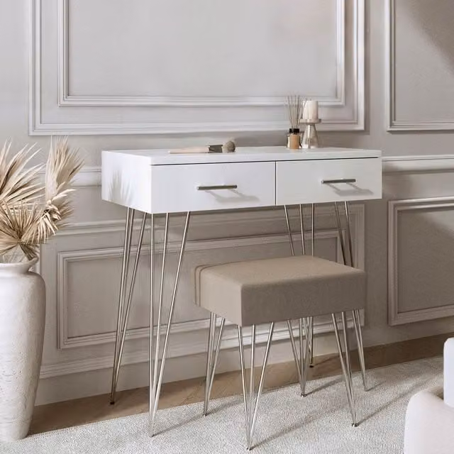 CARME Minimalist White Dressing Table with Silver Accents and Grey Velvet Stool