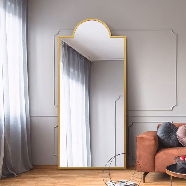 MirrorOutlet The Fenestra Crown Contemporary Wall and Leaner Mirror in Gold, Height: 190 cm
