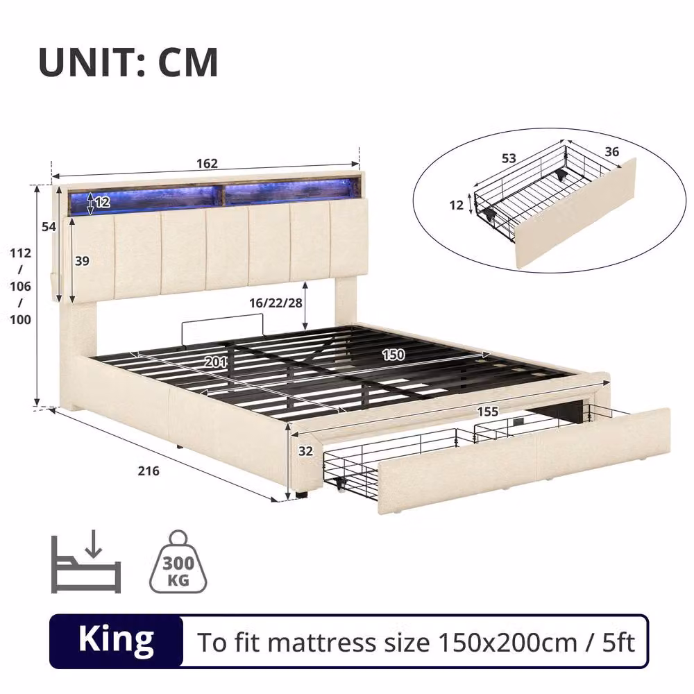 Matteo King Bed Frame with Hydraulic Storage, LED Under-Bed Lighting and USB Charging Ports in Beige Upholstered Linen, W/D/H: 180 x 200 cm – 6