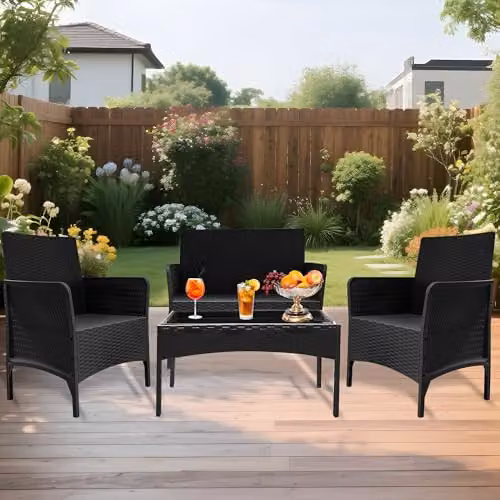 Alivio 4 Piece Rattan Furniture Set in Black with Coffee Table, 2 Seater Sofa, Armchairs and Cushions for Garden, Terrace or Balcony – 7