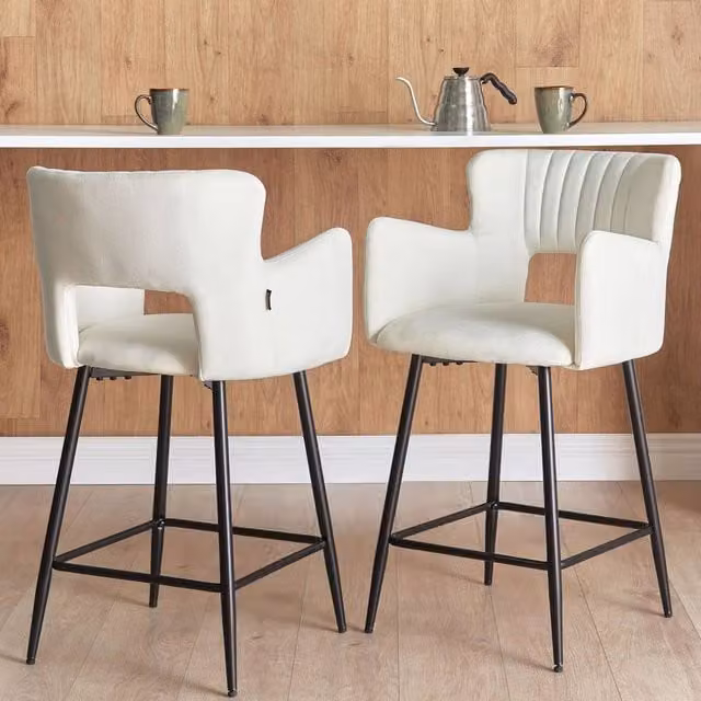 Wyld and Coco Set of 2 White Velvet Bar Chairs with Armrests and Metal Legs