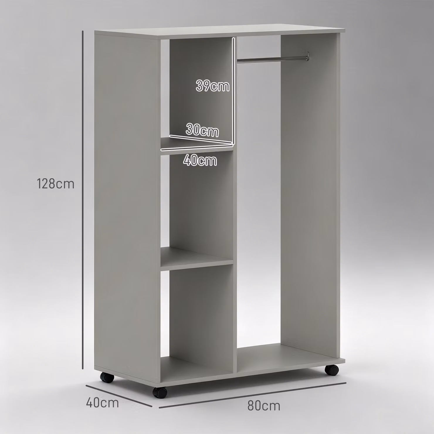 HOMCOM Open Wardrobe on Wheels with Clothes Rail and 3 Storage Shelves, Grey – 3