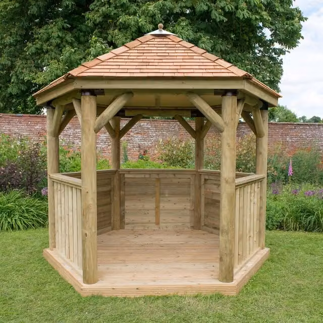 Forest Hexagonal Garden Gazebo in Brown Rustic Wood and Steel, 3 m Diameter