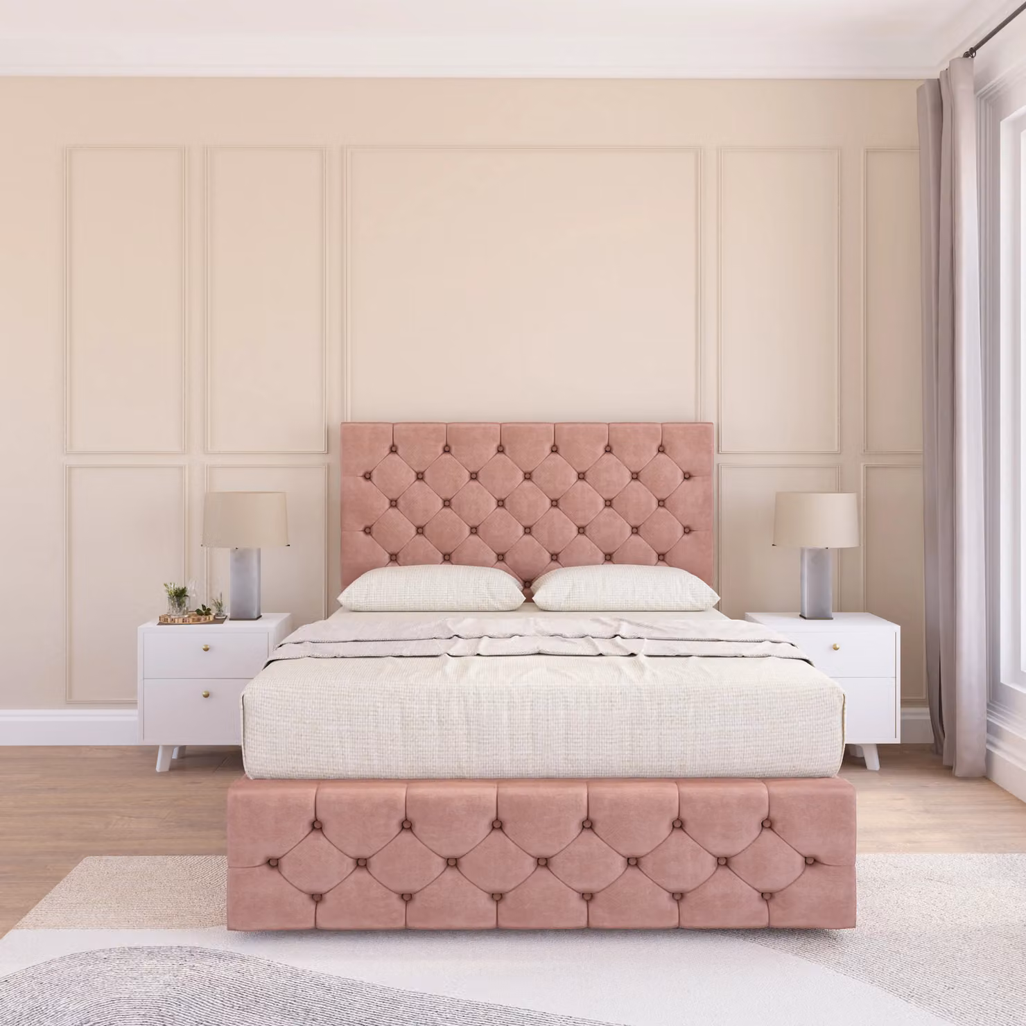Sloomy Highbury Pink Velvet Upholstered Single Divan Bed Base and Floor Standing Headboard W/D/H: 90 x 200 cm