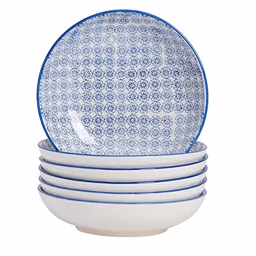 Nicola Spring Floral Patterned Porcelain Pasta Bowls, Blue, Pack of 6, Diameter: 22 cm