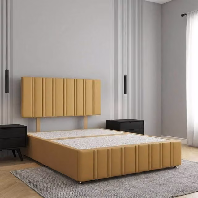 Regional Furnishings Plush Velvet Small Double Divan Bed with 24 inch Headboard and Footboard in Mustard Yellow, W/D/H: 120 x 200 cm