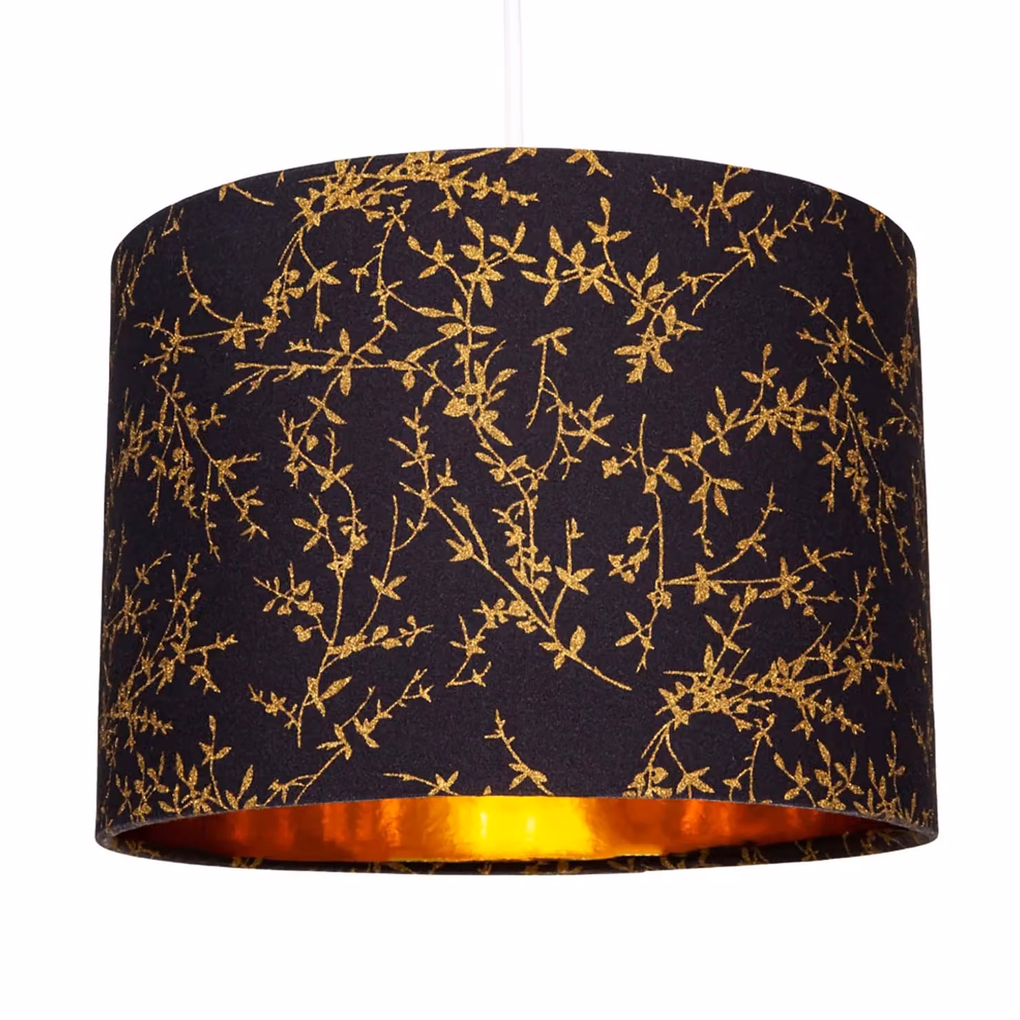 Happy Homewares Modern Round Soft Cotton Fabric Lamp Shade with Gold Floral Decoration in Black, Diameter: 30.48 cm – 2