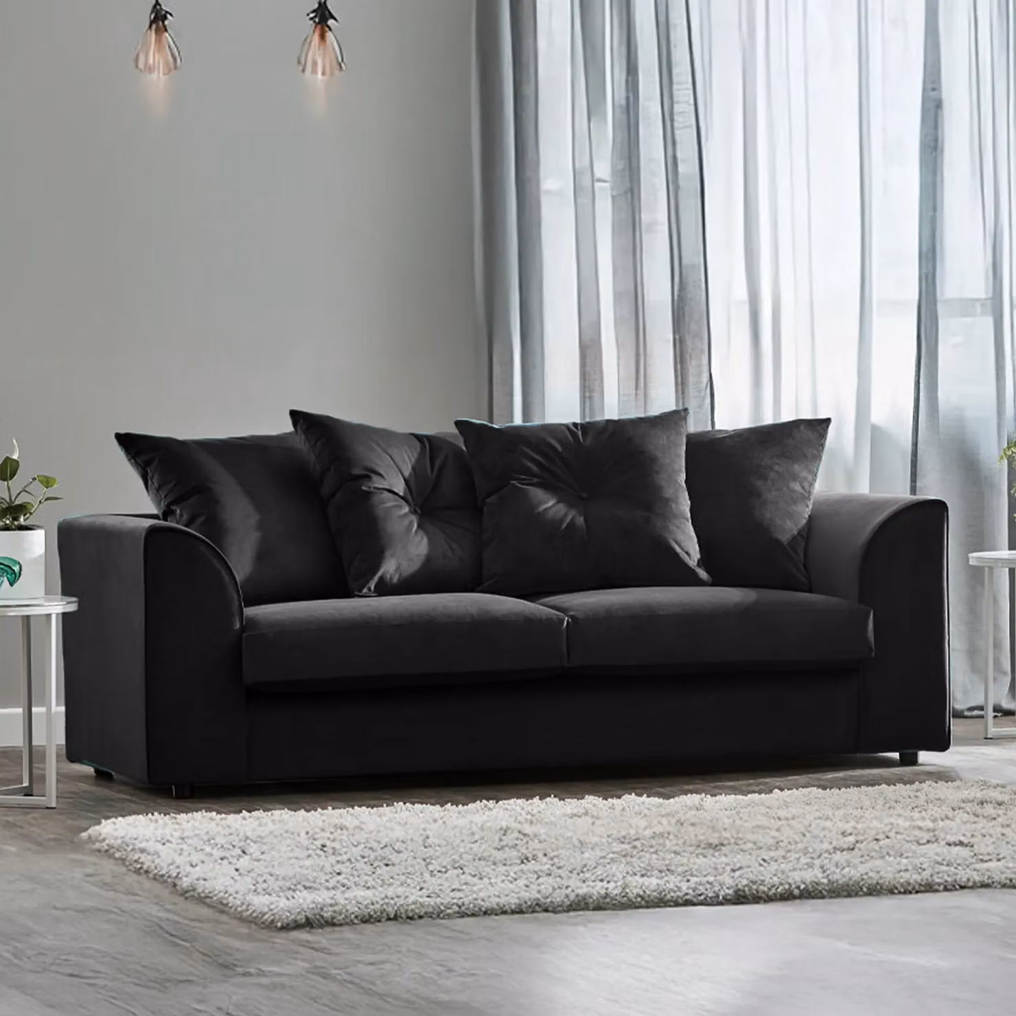 Furnishings For Less UK Fernando 3 Seater Sofa in Black Soft Plush Velvet Fabric with Scatter Cushions and Removable Covers – 2