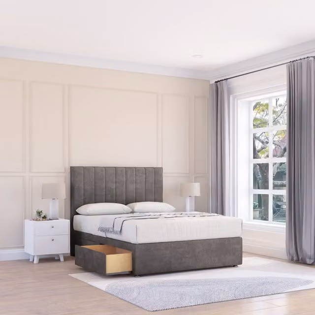 Sloomy Kansas Grey Upholstered Divan Bed Base and Floor Standing Headboard, W/D/H: 120 x 200 cm