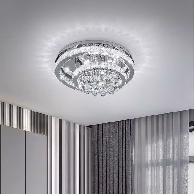 Komore Round Crystal Ceiling Light in Silver with Transparent Pendants, Diameter: 60 cm