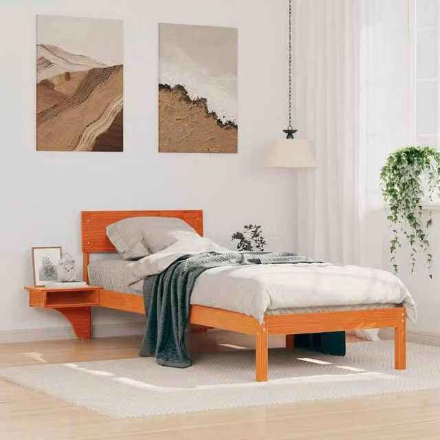 Berkfield Home Solid Pine Wood Bed Frame with Headboard in Wax Brown, W: 75 cm, L: 190 cm