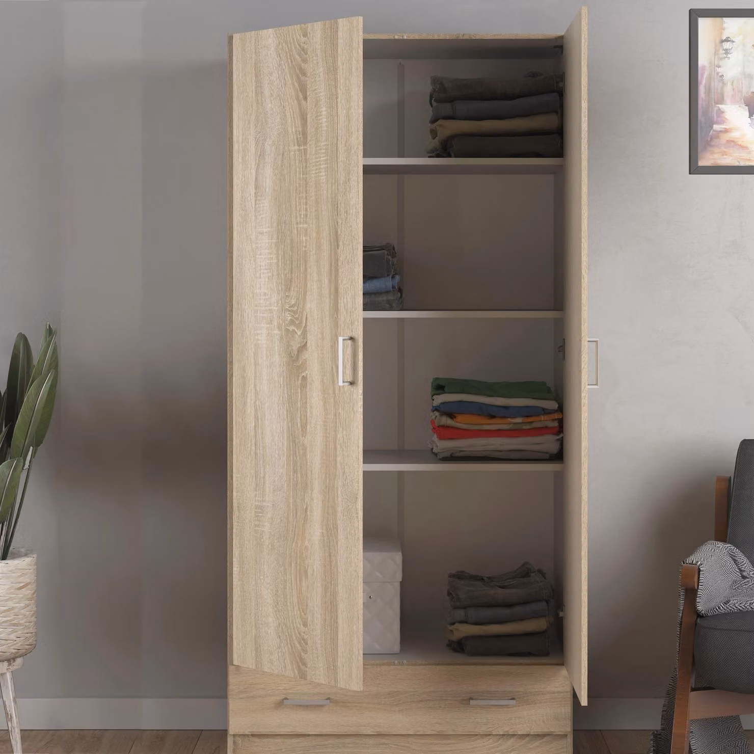 Furniture To Go Space Wardrobe with 2 Doors and 1 Drawer in Brown Oak – 2