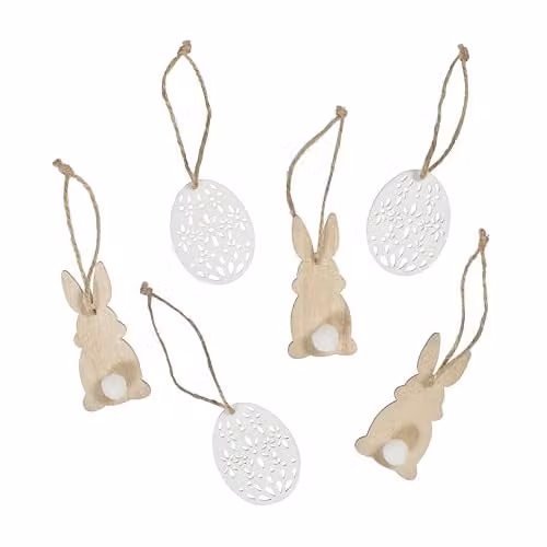 Lights4fun Set of 6 Wooden Easter Bunny and Egg Hanging Decorations in White and Brown – 2