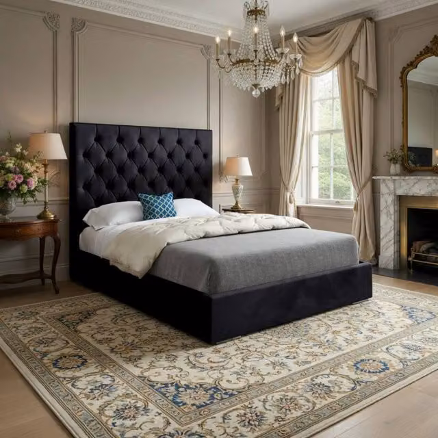 KDMD Fikston King Size Upholstered Chesterfield Bed Frame in Black Velvet, W/D/H: 180 x 200 x 137 cm