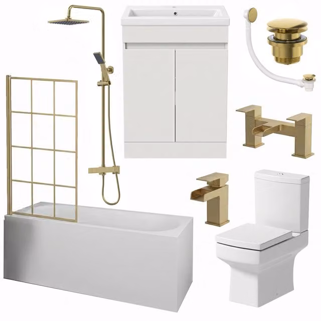 Bathwell Complete Bathroom Suite with Curved Acrylic Bath, Handleless Vanity and Shower in White and Gold