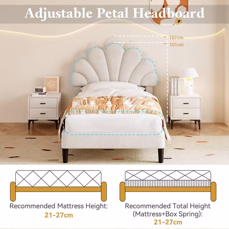 Rolipo Beige Velvet Upholstered Single Bed Frame with Adjustable Petal Headboard W/D/H: 140 x 200 cm