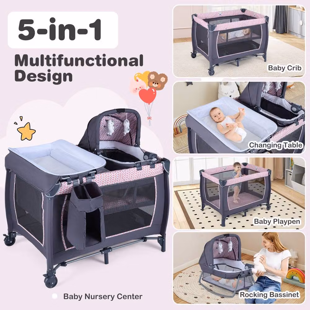 Costway Foldable Pack and Play Portable Baby Playard with Rocking Bassinet and Music Box in Pink – 3
