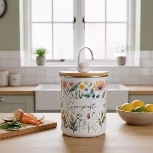 Purely Home Pastel Flowers Compost Caddy - Green and Multicolour Metal Kitchen Food Waste Bin with Removable Inner Bucket and Odour Filter, 2 L – 2