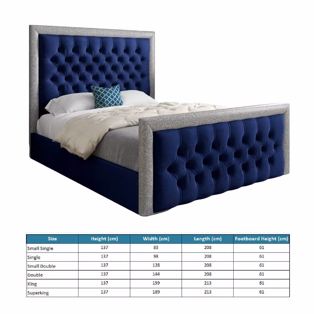 Casani Thornton Blue Soft Velvet Upholstered Designer Bed Frame with Glitter Border, W/D/H: 128 x 120 x 137 cm – 5
