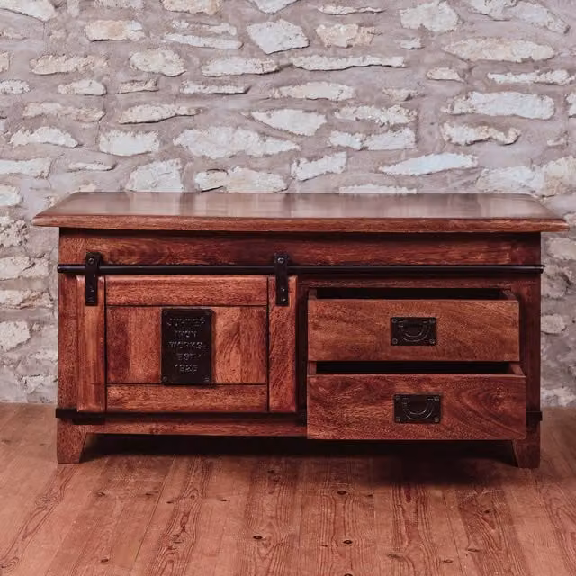 Elm Home And Garden Industrial Mango Wood and Metal TV Stand Cabinet in Brown and Black