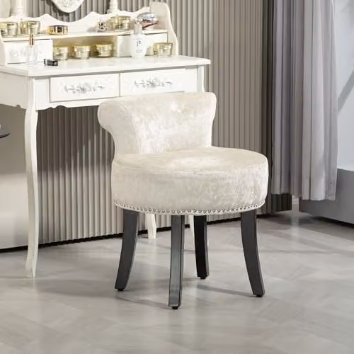 HOMCOM Beige Dressing Table Stool with Rubberwood Legs – 2