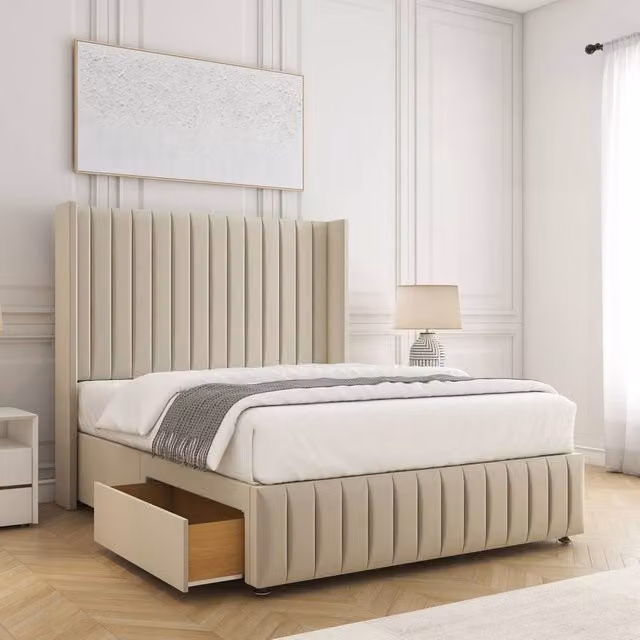 BSSPOKE Luna Velvet Divan Bed with 54 inch Headboard and 2 Drawers in Beige, W/D/H: 180 x 200 cm