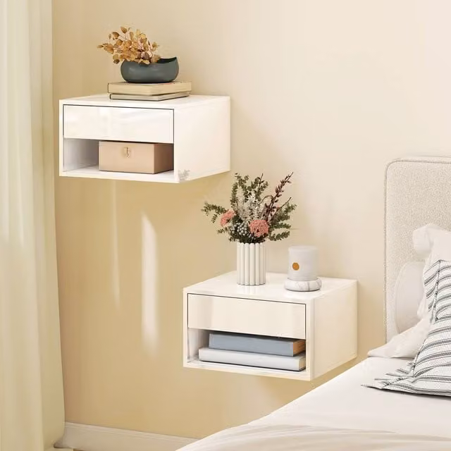 HOMCOM Set of 2 White Glossy Floating Nightstands with Drawer and Open Shelf