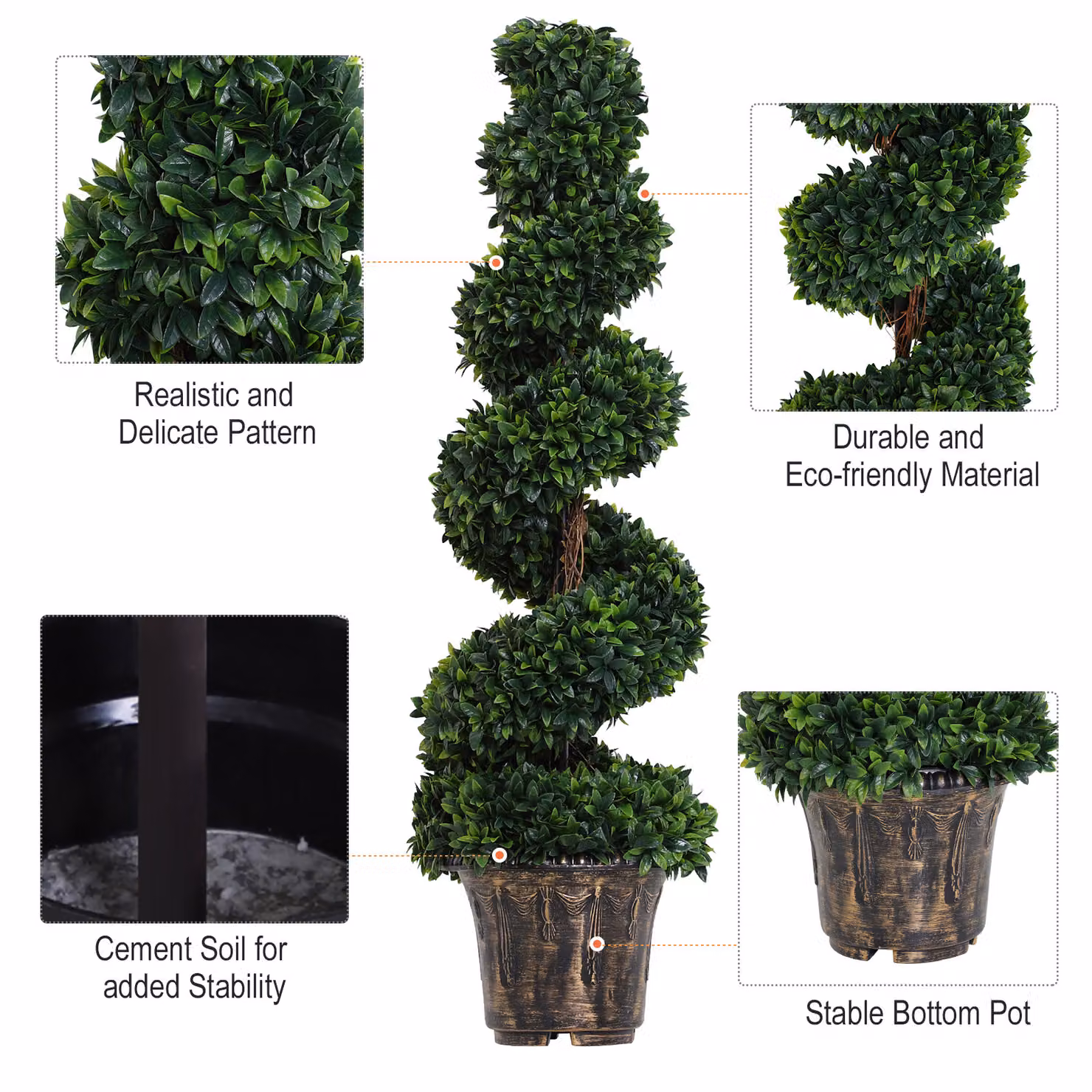 Outsunny Set of 2 Artificial Boxwood Spiral Topiary Trees in Bronze Concrete Pots, Height: 120 cm – 7