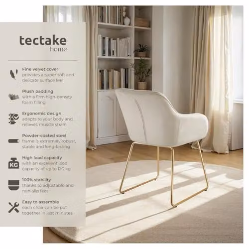 tectake Set of 6 Jeane Dining Chairs in Cream Velvet-Look with Gold Metal Cantilever Frames – 2