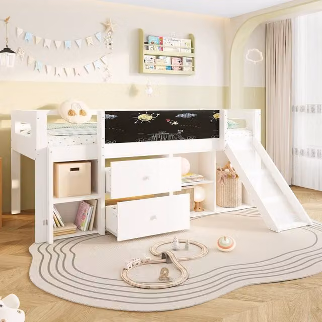 ModernLuxe Kid Single Loft Bed with Slide, Storage Shelves and Drawers in White, W/D/H: 190 x 90 x 220 cm