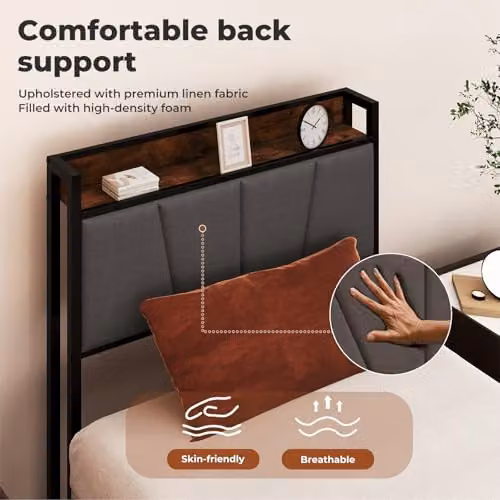 Levede Modern Upholstered Metal Bed Frame with Side Compartments and Bedside Shelf in Brown, W/D/H: 90.5 x 190 x 30 cm – 10