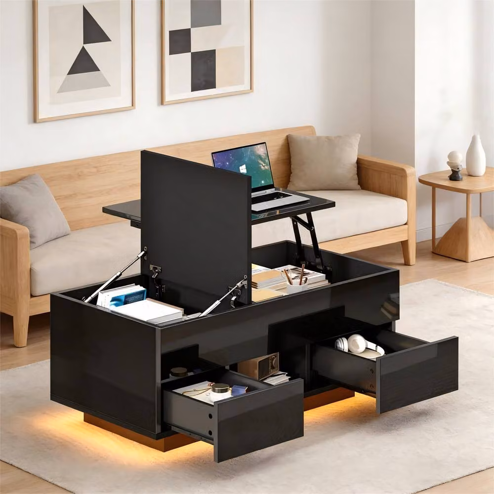 BTM High Gloss Black Lift Top Coffee Table with LED Drawers, W/D/H: 100 x 45 x 45 cm – 4