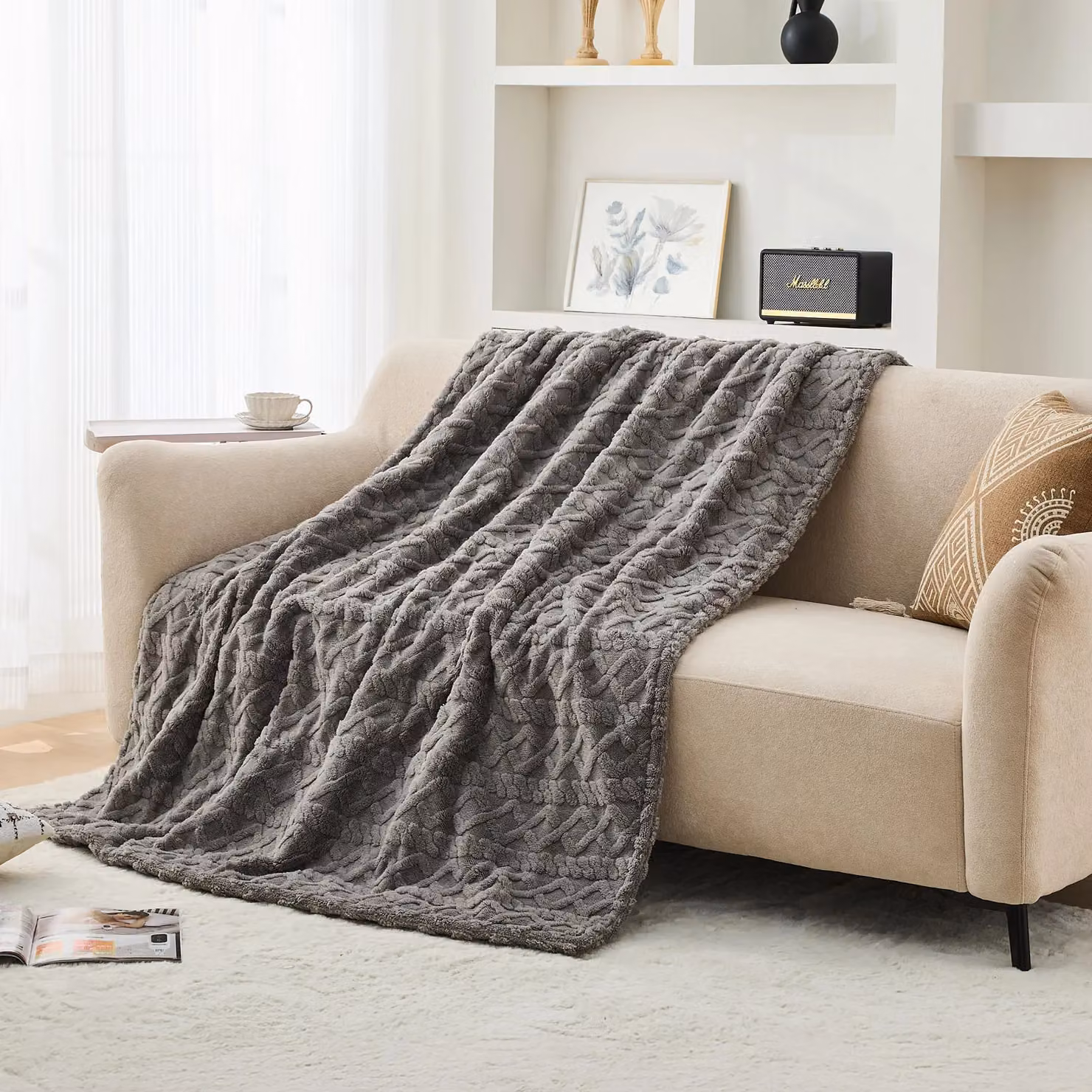 Neo Reversible Electric Heated Throw Blanket with Cable Knit Effect in Grey, W: 130 cm, D: 160 cm – 2
