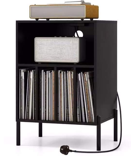 Kelvenix Modern Black Vinyl Record Player and Turntable Stand with Media Compartments – 1