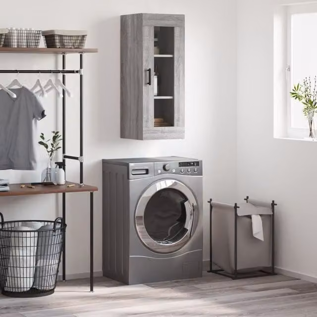 Berkfield Home Wall Mounted Grey Sonoma Cabinet with Glass Doors, W/D/H: 34.5 x 34 x 90 cm – 1