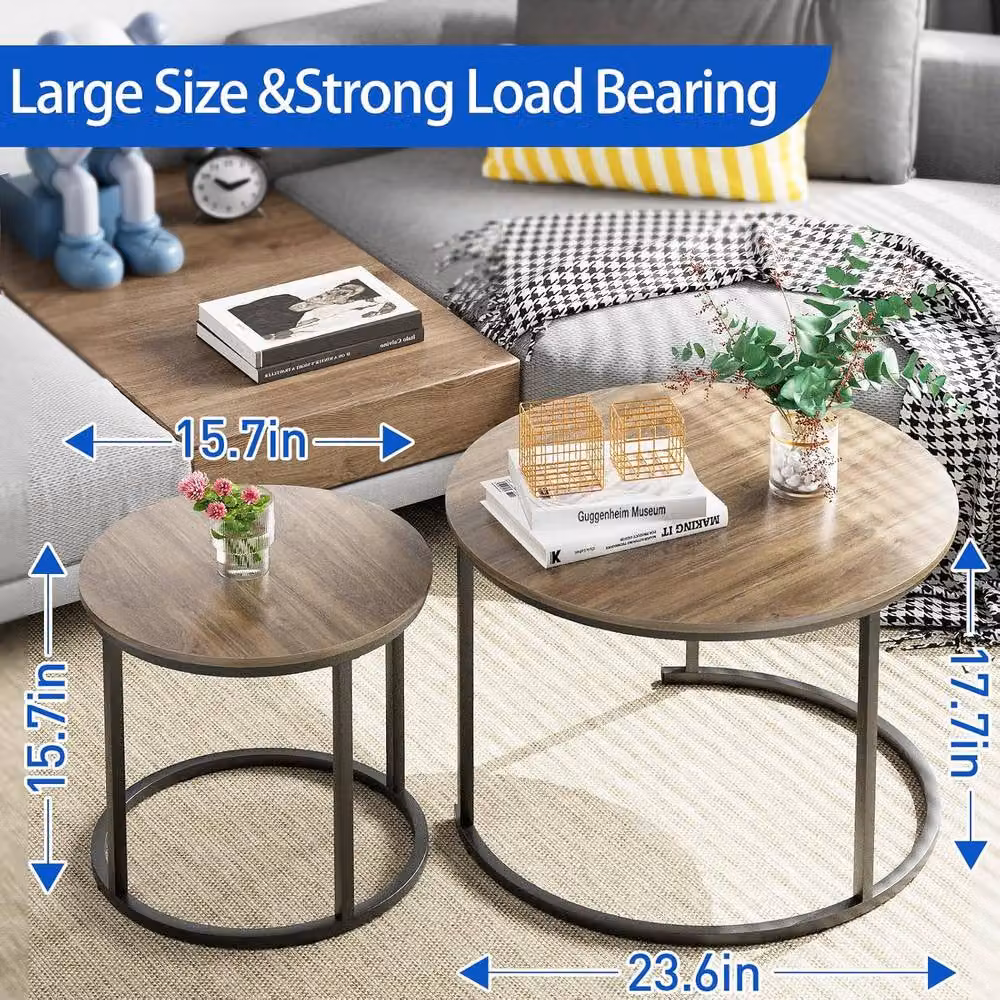 Huhote Set of 2 Round Nesting Coffee Tables with Black Metal Sled Base and Light Brown Oak Wood Tops – 3