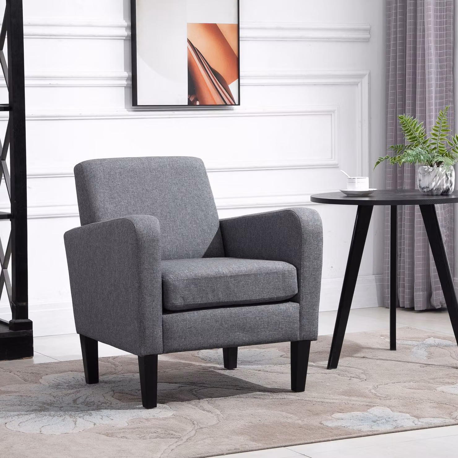 HOMCOM Modern Grey Fabric Armchair with Rubberwood Legs and Spring Core Support – 2